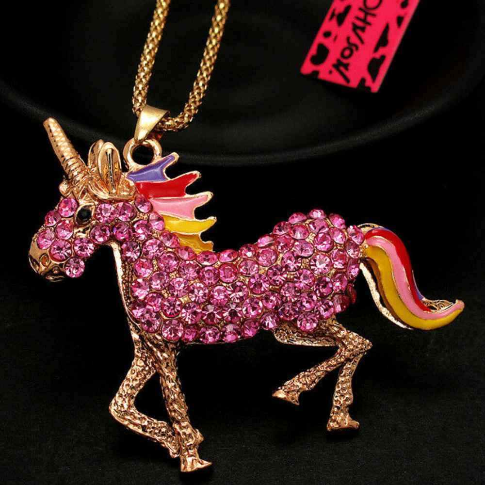 Betsey Johnson pink crystal unicorn horse necklace